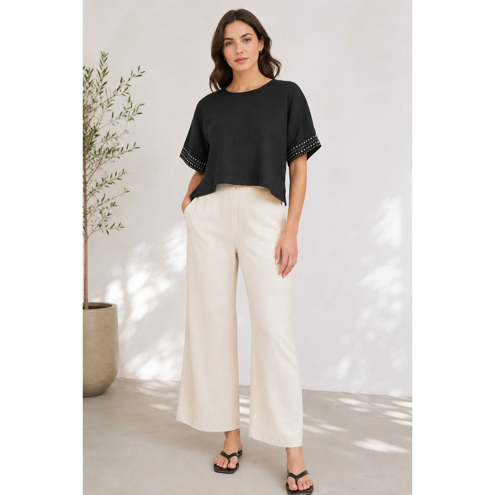DKNY Pure Black Linen Studded Sleeve Boxy Cropped Top XL